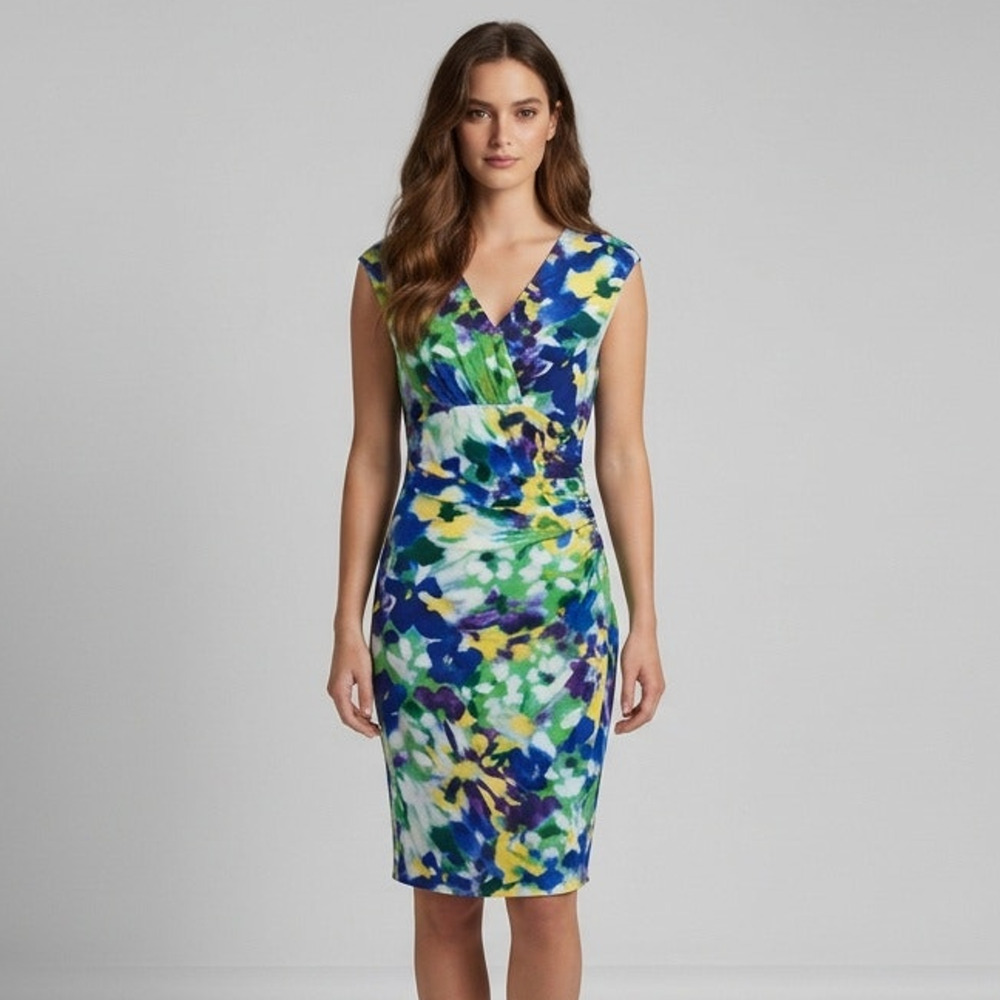 LAUREN RALPH LAUREN Blue Floral Faux Wrap Sheath Dress Size 12 Ruched Jersey